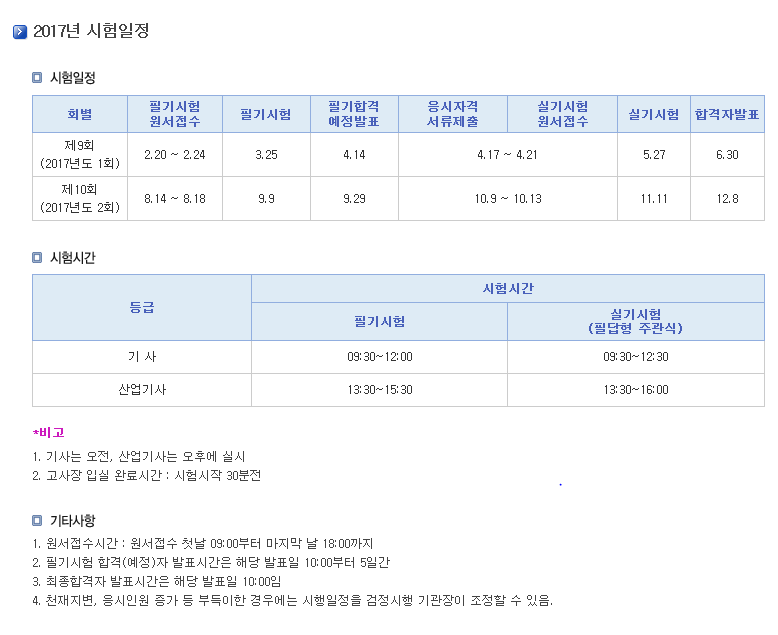 2017년 정보보안산업기사/기사 시험일정